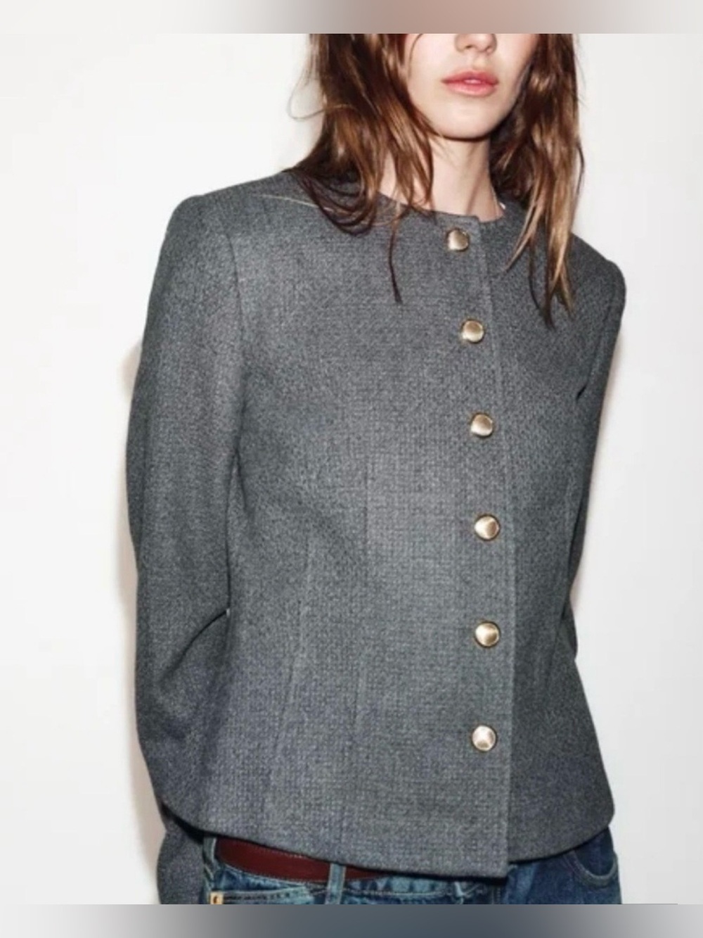 Zara NWT Gray Collarless Gold Button Tailored Blazer Jacket